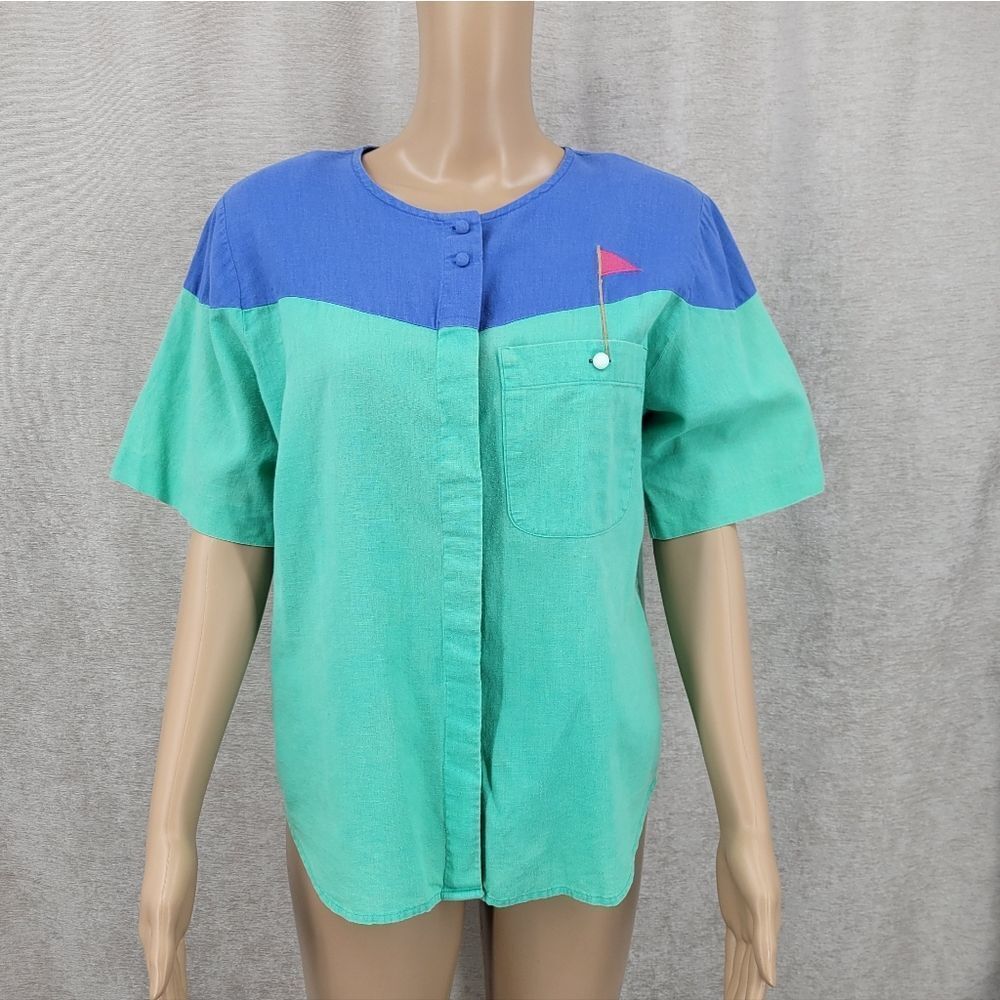Vintage Linen Blueβand Green Colorblock Golf Embroideres Women's Top Shirt